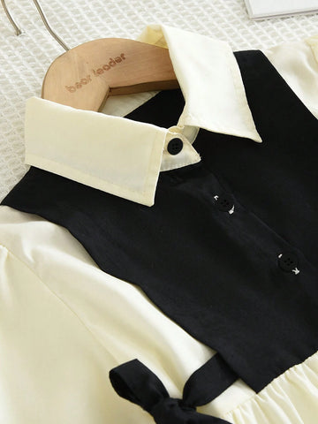 Girls Minimalistic Casual 2 In 1 Spliced Shirt Long Sleeve Dress, Spring And Autumn