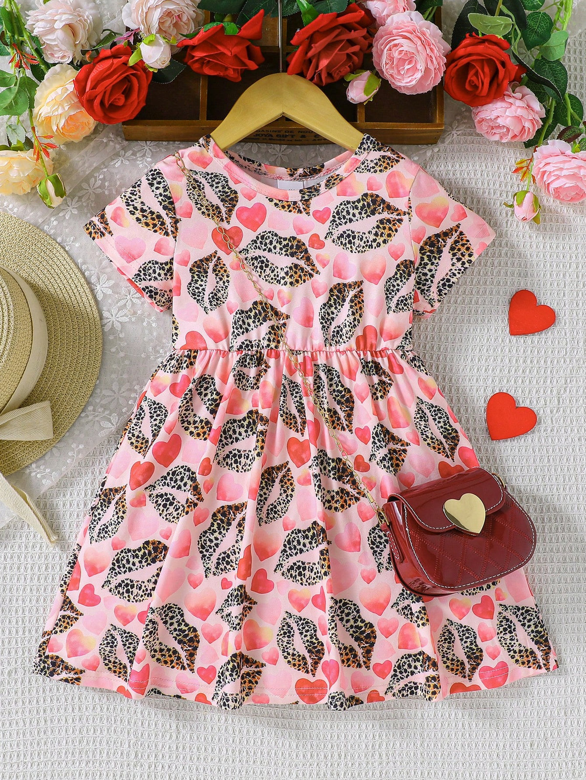 Girls' Mouth Village Allover Print Dress + Fashionable Heart-Shaped PU Leather Bag Set