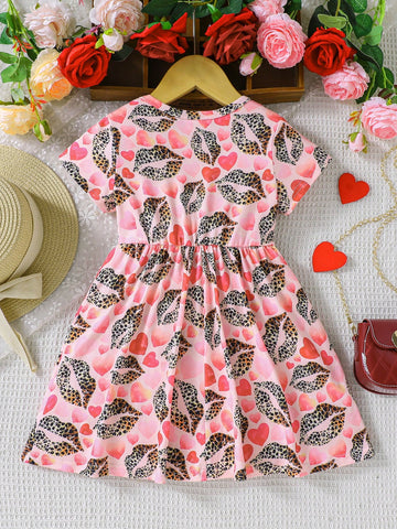 Girls' Mouth Village Allover Print Dress + Fashionable Heart-Shaped PU Leather Bag Set