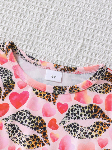 Girls' Mouth Village Allover Print Dress + Fashionable Heart-Shaped PU Leather Bag Set