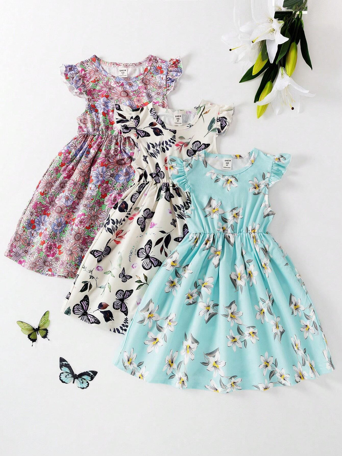 Girls' Multi-Piece Set Cap Sleeve Ditsy Floral Dresses With Round Neck, Summer