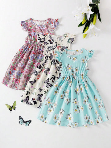 Girls' Multi-Piece Set Cap Sleeve Ditsy Floral Dresses With Round Neck, Summer