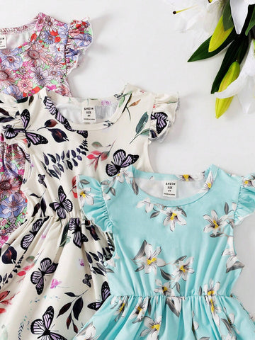 Girls' Multi-Piece Set Cap Sleeve Ditsy Floral Dresses With Round Neck, Summer