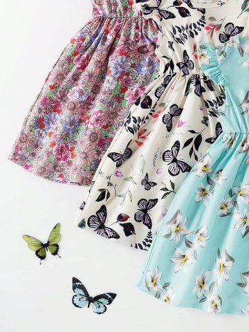 Girls' Multi-Piece Set Cap Sleeve Ditsy Floral Dresses With Round Neck, Summer