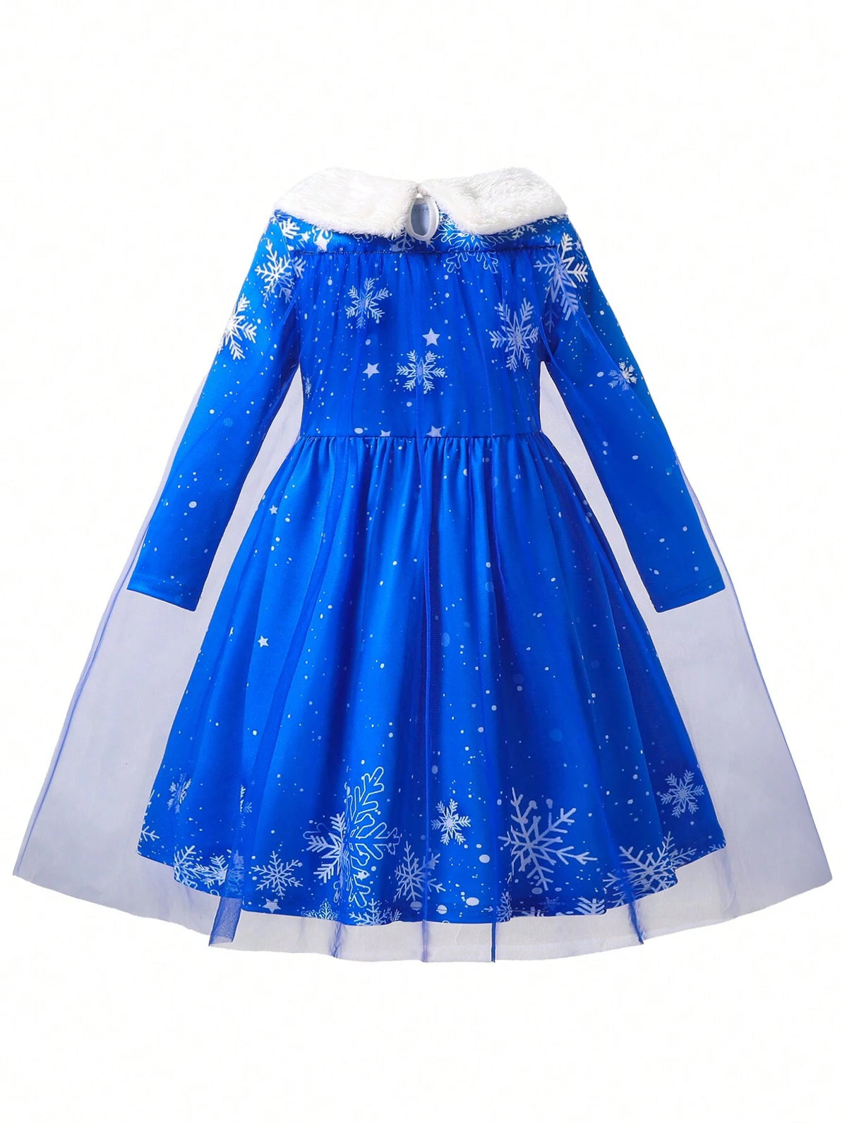 Girls Navy Blue Dress/This Dress Features A Placement Print Pattern, Double-Layer Ruffle Hem, Paired With A White Furry Stand Collar And Blue Mesh Cape