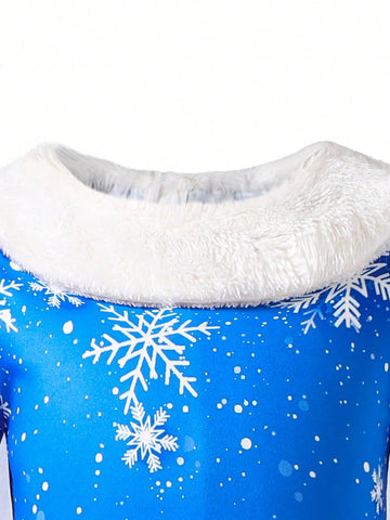 Girls Navy Blue Dress/This Dress Features A Placement Print Pattern, Double-Layer Ruffle Hem, Paired With A White Furry Stand Collar And Blue Mesh Cape
