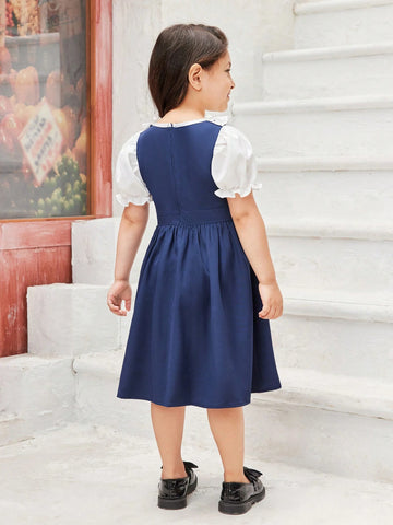 Girls' Navy Blue Lace School Style Dress
