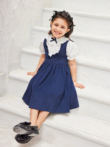 Girls' Navy Blue Lace School Style Dress