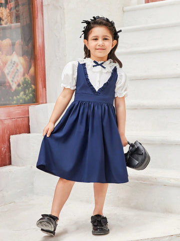 Girls' Navy Blue Lace School Style Dress