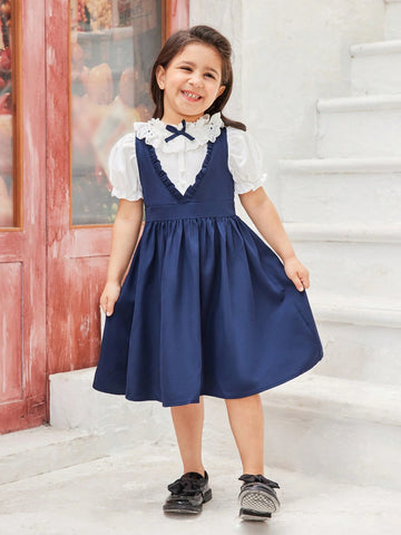 Girls' Navy Blue Lace School Style Dress