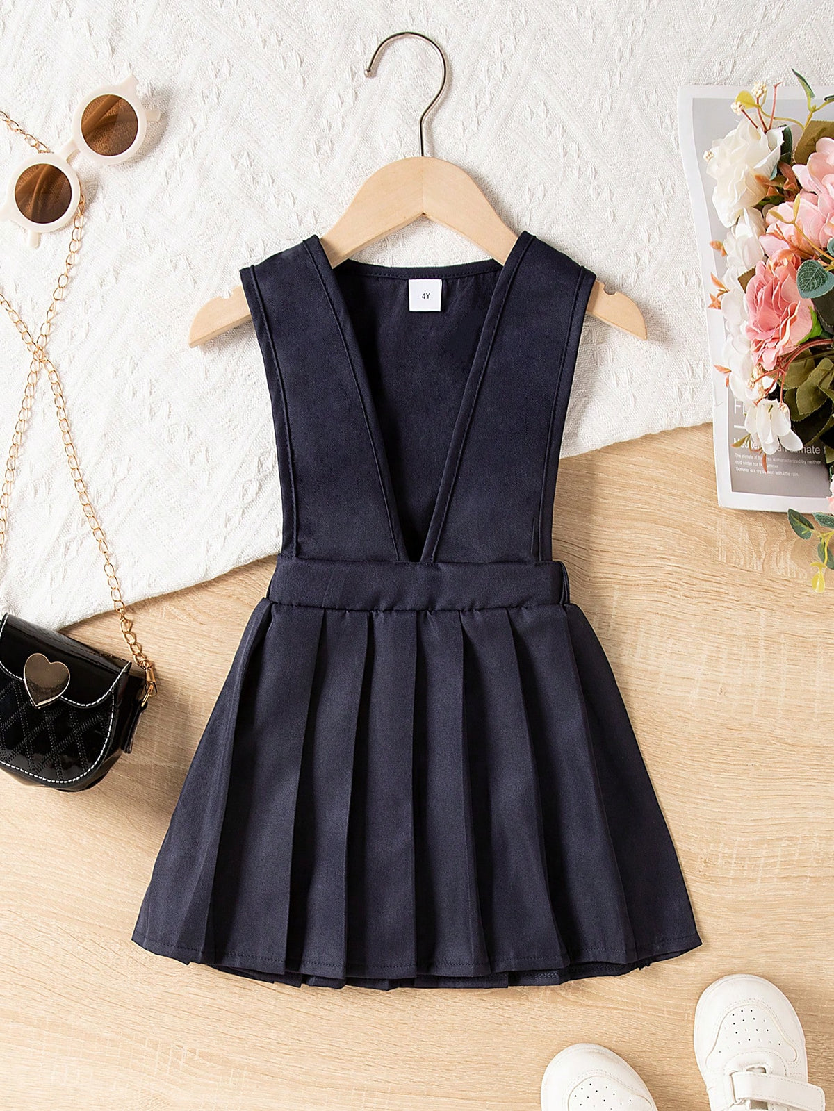 Girls Navy Blue Suspender Pleated Skirt