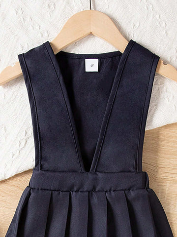 Girls Navy Blue Suspender Pleated Skirt