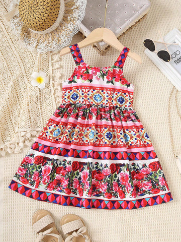 Girls" New Summer Casual Dress, Featuring Flower Print, For A Refreshing Summer Look!