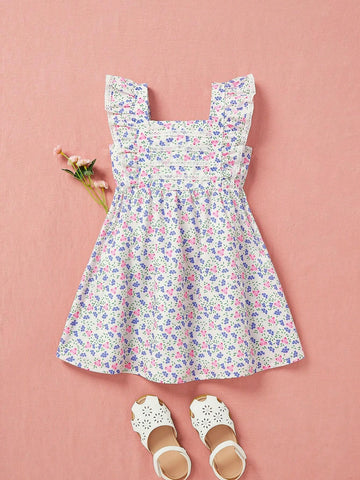 Girls" New Summer Fresh Floral Print Dress With Lace