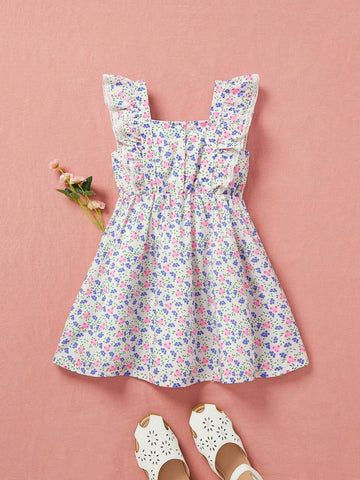 Girls" New Summer Fresh Floral Print Dress With Lace
