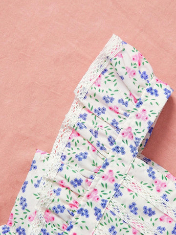 Girls" New Summer Fresh Floral Print Dress With Lace