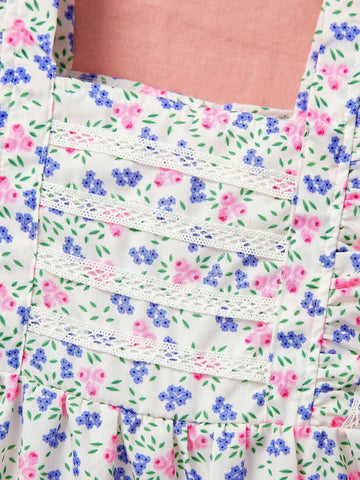 Girls" New Summer Fresh Floral Print Dress With Lace