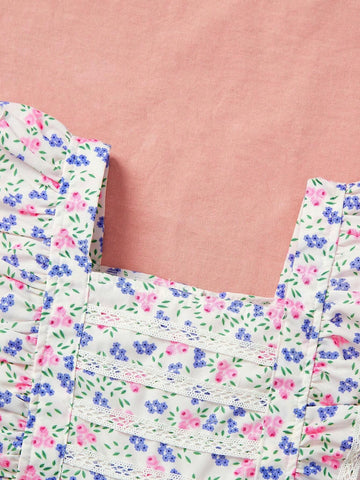 Girls" New Summer Fresh Floral Print Dress With Lace