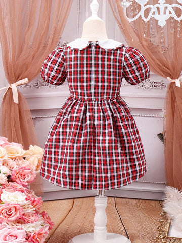 Girls' New Summer Puff Sleeve Stylish Plaid Dress