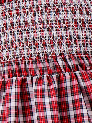 Girls' New Summer Puff Sleeve Stylish Plaid Dress