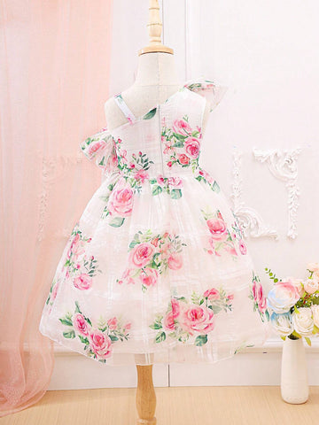 Girls' Off-Shoulder Floral Allover Print Dress With Ruffle Trim, Princess Long Skirt For Outdoor Activities