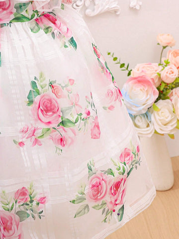 Girls' Off-Shoulder Floral Allover Print Dress With Ruffle Trim, Princess Long Skirt For Outdoor Activities