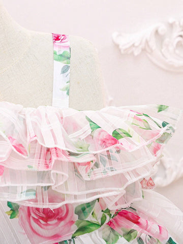 Girls' Off-Shoulder Floral Allover Print Dress With Ruffle Trim, Princess Long Skirt For Outdoor Activities