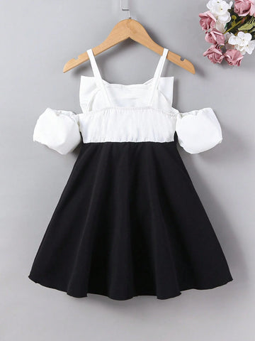 Girls' Off-Shoulder Puff Sleeve Dress With Bow, Black & White Party & Travel & Performance Hostess Dress