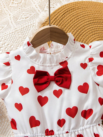Girls Ombre Heart & Bow Tie Dress | Children Solid White Red Heart Dress | Elegant Girl's Summer Party Dress