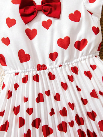 Girls Ombre Heart & Bow Tie Dress | Children Solid White Red Heart Dress | Elegant Girl's Summer Party Dress