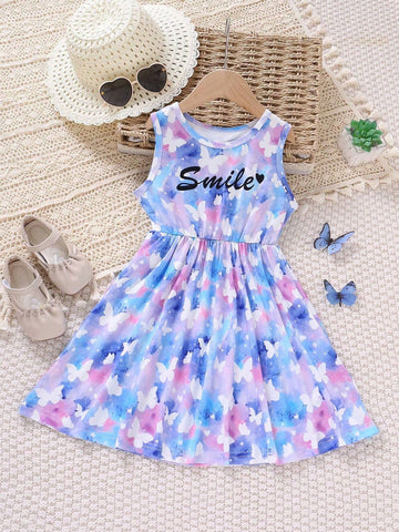 Girls' Outdoor Casual Sleeveless A-Line Butterfly & Letter Print Dress With Gathered Waist, Summer