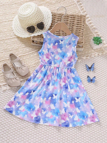 Girls' Outdoor Casual Sleeveless A-Line Butterfly & Letter Print Dress With Gathered Waist, Summer