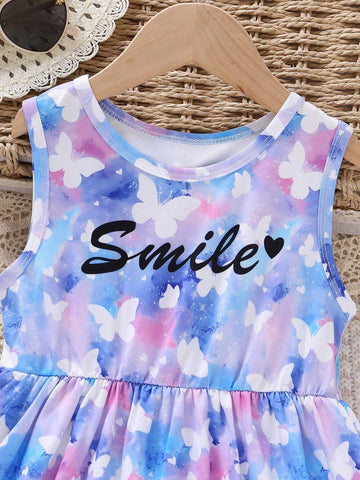 Girls' Outdoor Casual Sleeveless A-Line Butterfly & Letter Print Dress With Gathered Waist, Summer