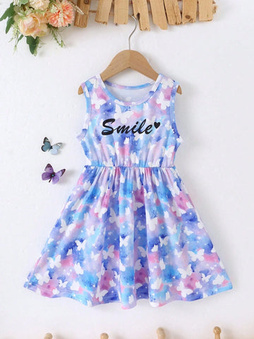 Girls' Outdoor Casual Sleeveless A-Line Butterfly & Letter Print Dress With Gathered Waist, Summer