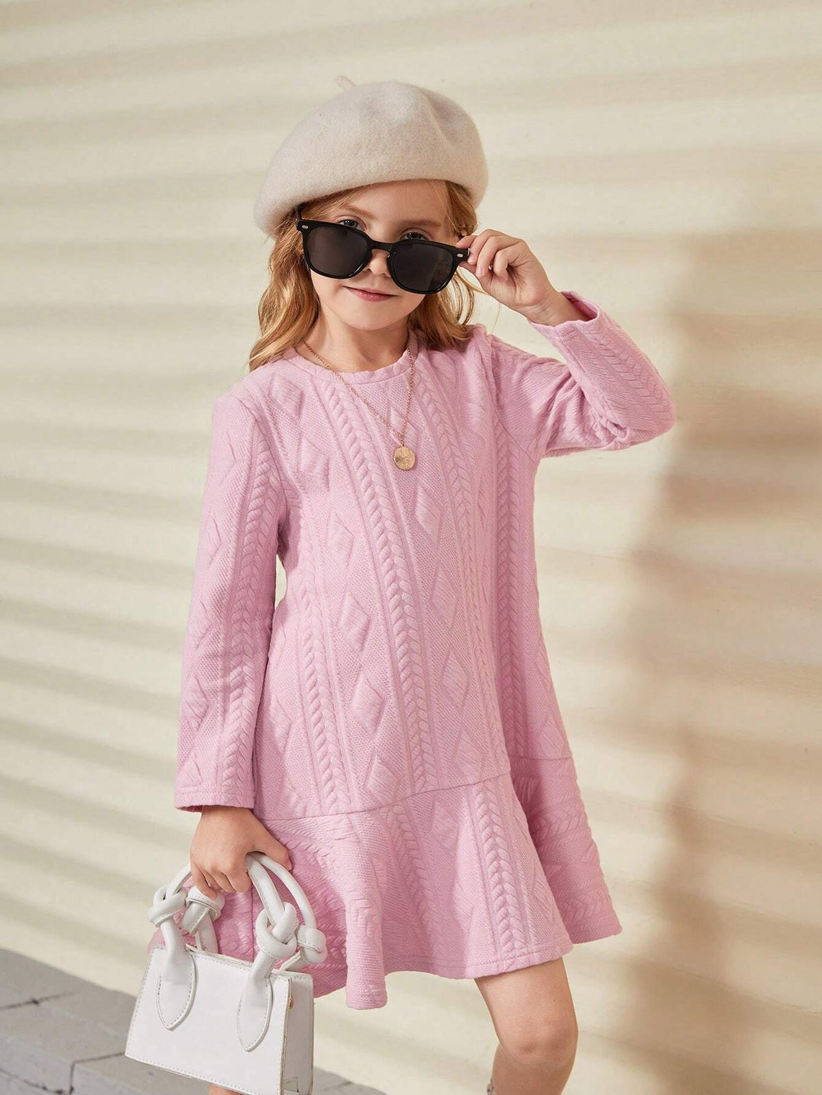 Girls Padded Textured Jacquard Knit Dress, Suitable For Casual Everyday Wear In Autumn/Winter Seasons