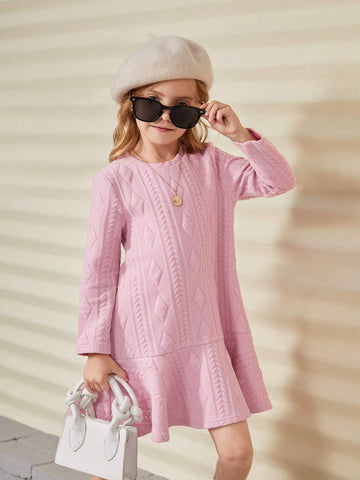 Girls Padded Textured Jacquard Knit Dress, Suitable For Casual Everyday Wear In Autumn/Winter Seasons