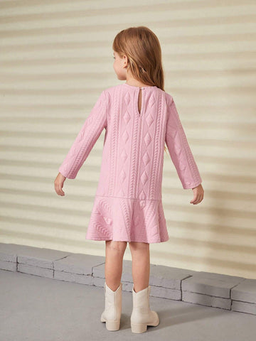 Girls Padded Textured Jacquard Knit Dress, Suitable For Casual Everyday Wear In Autumn/Winter Seasons