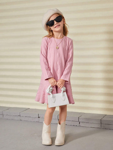 Girls Padded Textured Jacquard Knit Dress, Suitable For Casual Everyday Wear In Autumn/Winter Seasons