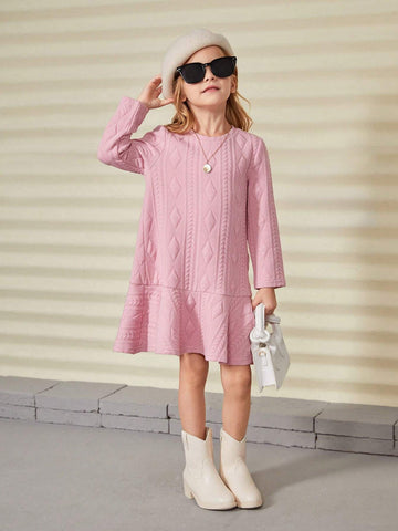 Girls Padded Textured Jacquard Knit Dress, Suitable For Casual Everyday Wear In Autumn/Winter Seasons
