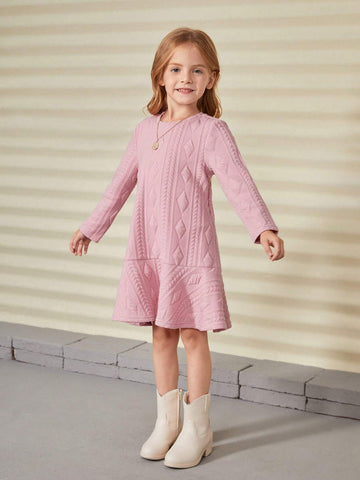 Girls Padded Textured Jacquard Knit Dress, Suitable For Casual Everyday Wear In Autumn/Winter Seasons