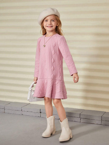 Girls Padded Textured Jacquard Knit Dress, Suitable For Casual Everyday Wear In Autumn/Winter Seasons