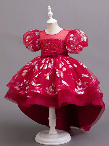 Girls' Party Ruffle Sleeve Dress, Sparkly Elegant Front Short Back Long Princess Gown For Birthday Wedding Christening