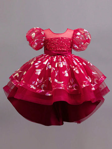 Girls' Party Ruffle Sleeve Dress, Sparkly Elegant Front Short Back Long Princess Gown For Birthday Wedding Christening