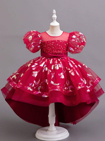 Girls' Party Ruffle Sleeve Dress, Sparkly Elegant Front Short Back Long Princess Gown For Birthday Wedding Christening