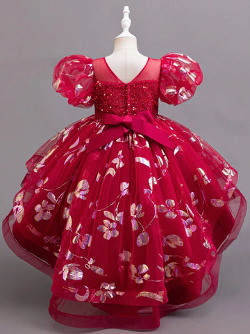 Girls' Party Ruffle Sleeve Dress, Sparkly Elegant Front Short Back Long Princess Gown For Birthday Wedding Christening