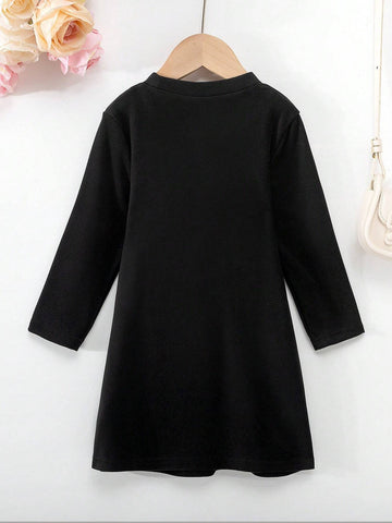 Girls' Patchwork 2 In 1 Bow Tie Collar Long Sleeve Dress, Spring/Autumn