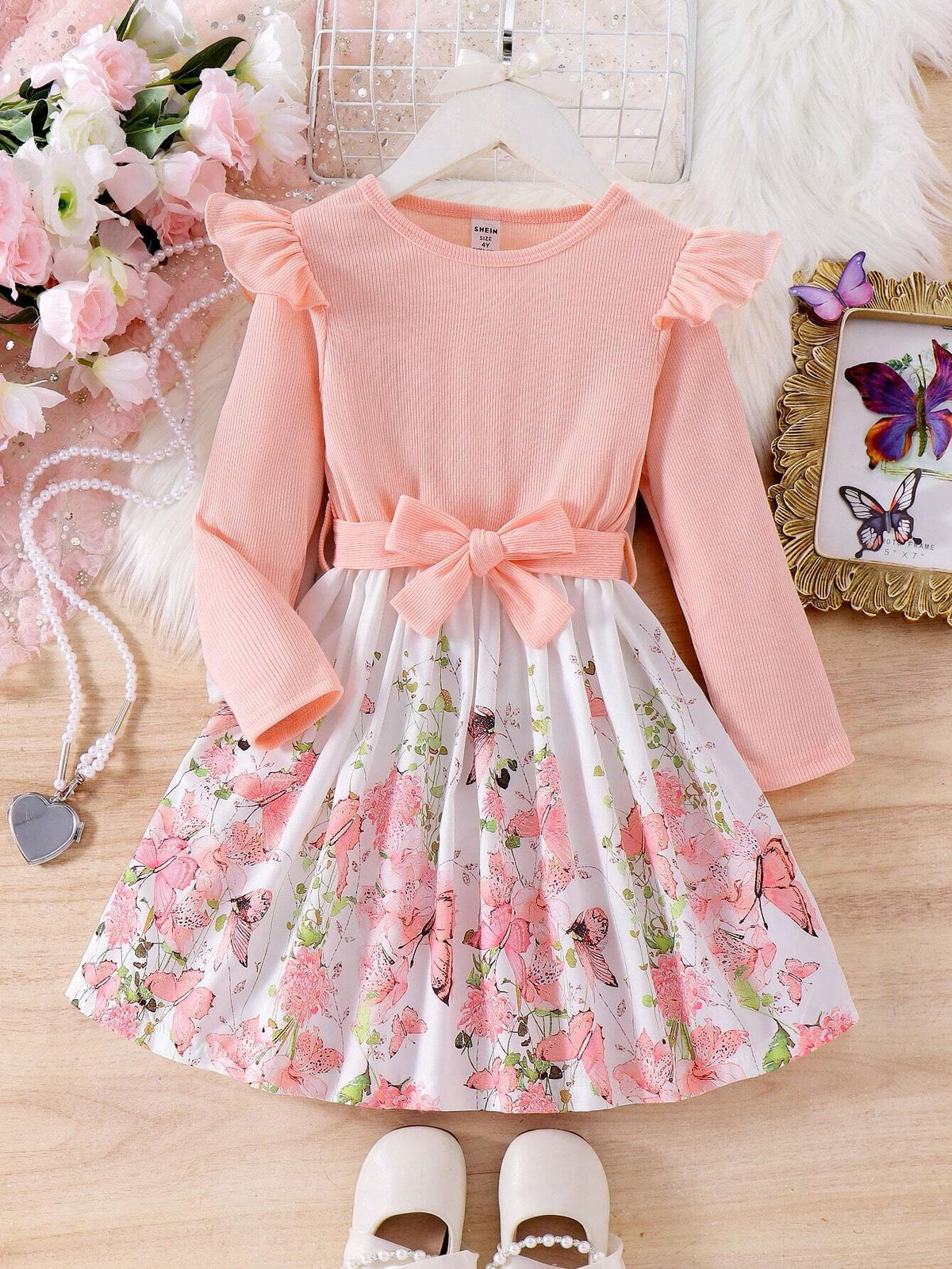 Girls Patchwork Long Sleeve Flower & Butterfly Ribbed Comfortable Soft Casual Dress, Spring Autumn