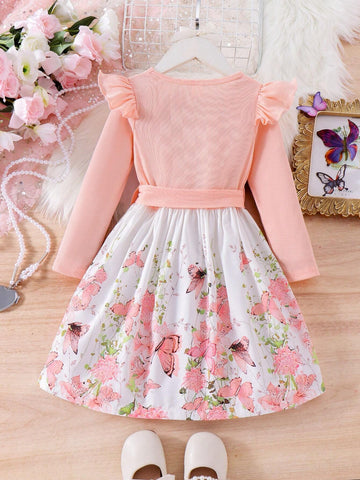 Girls Patchwork Long Sleeve Flower & Butterfly Ribbed Comfortable Soft Casual Dress, Spring Autumn