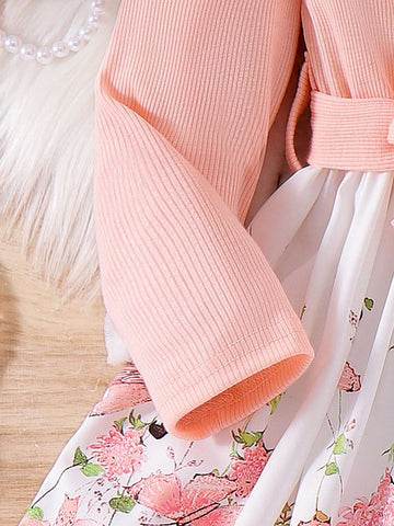 Girls Patchwork Long Sleeve Flower & Butterfly Ribbed Comfortable Soft Casual Dress, Spring Autumn