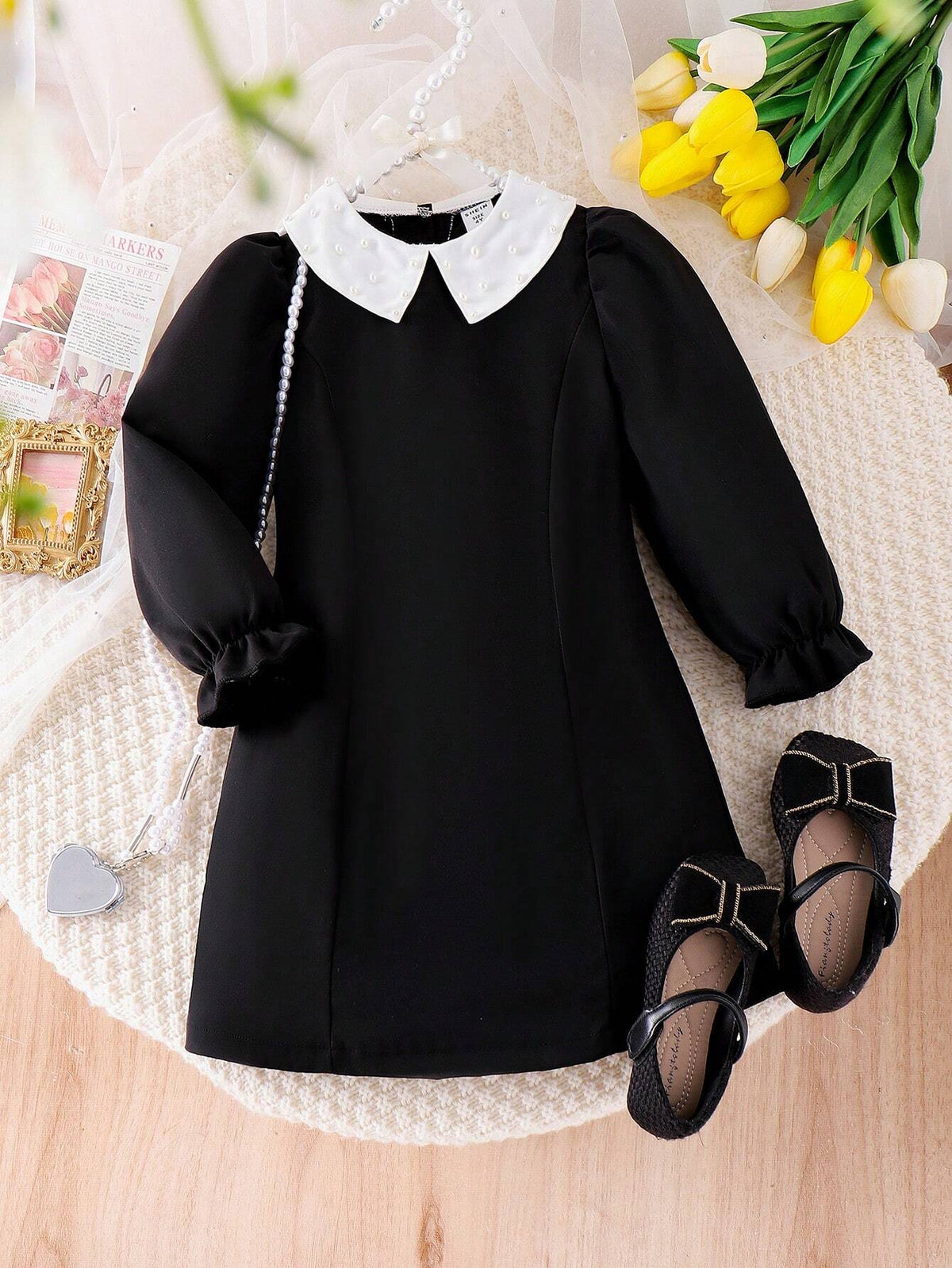 Girls Pearl Collar Long Sleeve Vintage Princess Dress